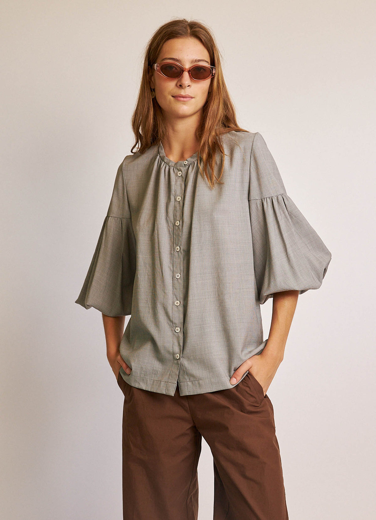 Passing of Time Blouse - Wool Silk Puppytooth - DAYLIGHT MOON