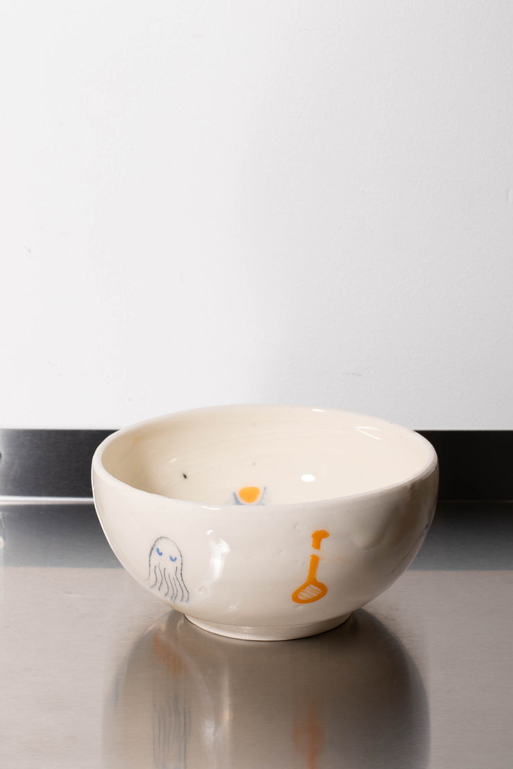 12. Medium white bowl with orange and blue – CARMEL ROWDEN