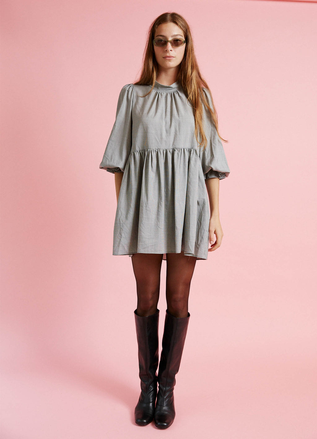 Walk in the Light Dress - Wool Silk Puppytooth - DAYLIGHT MOON
