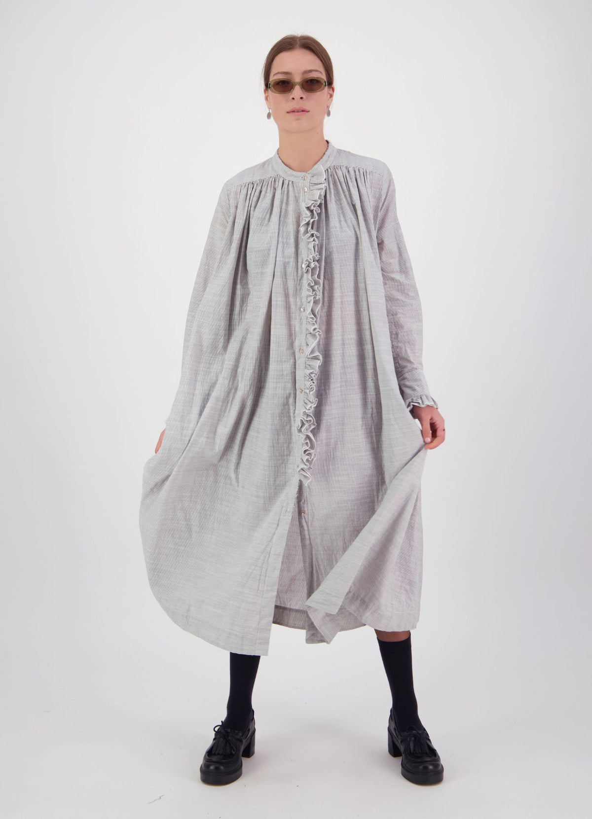 Into the Cosmos Dress - Cotton Pinstripe- DAYLIGHT MOON