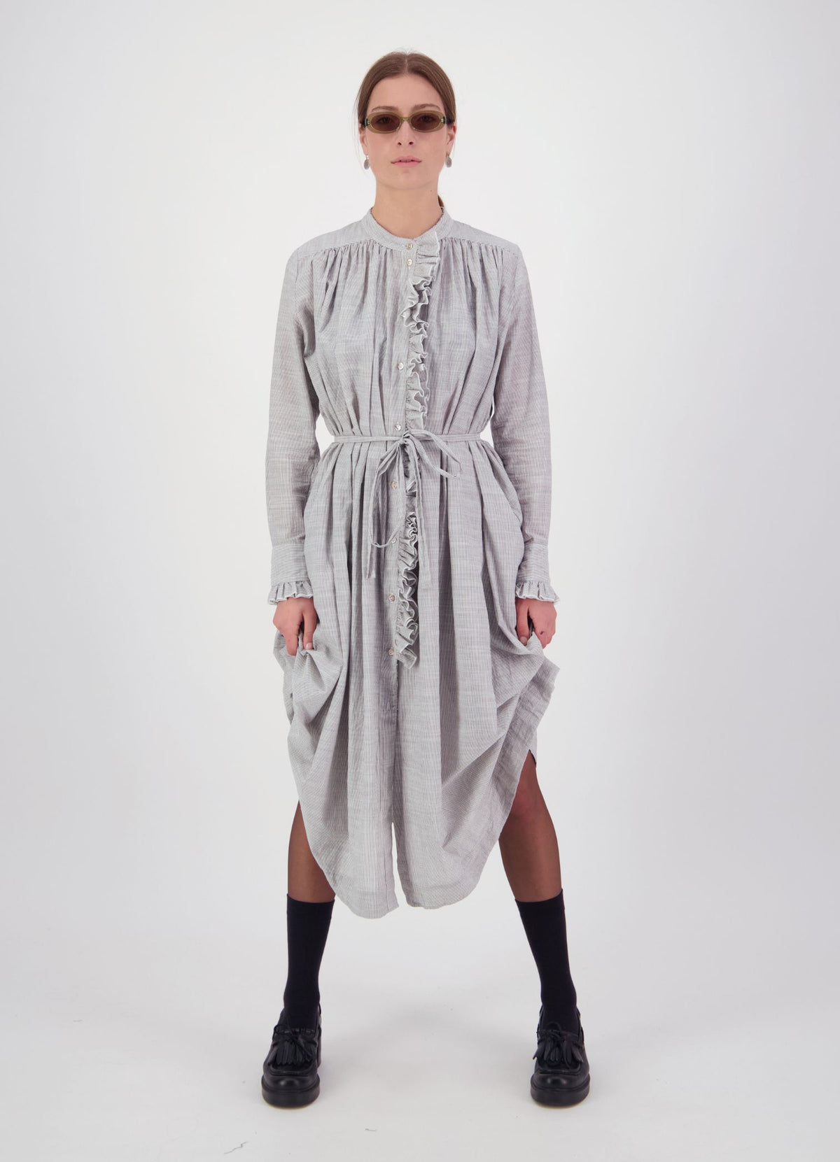 Into the Cosmos Dress - Cotton Pinstripe- DAYLIGHT MOON